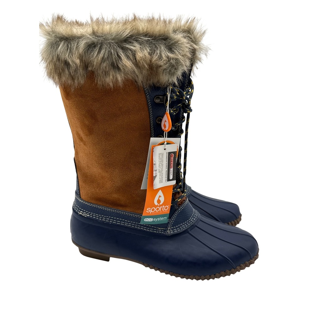 Sporto Duck Boots Womens 11W Navy Tan NEW Waterproof Faux Fur Thermolite Lined